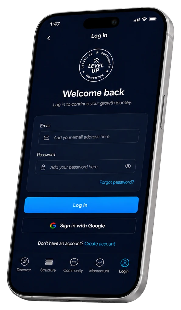 Level Up app login screen